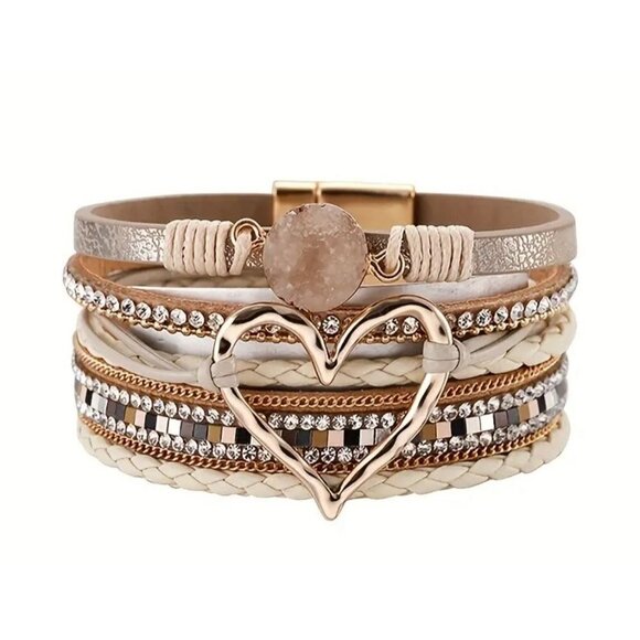 Boho Love Shape Warp Bracelet Inlaid Rhinestone Leather Bracelet With Magnetic B - Picture 1 of 1